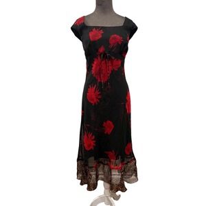 Ombre Womens Floral Midi Dress Black Red Chiffon Empire Waist Cap Sleeve Size 14